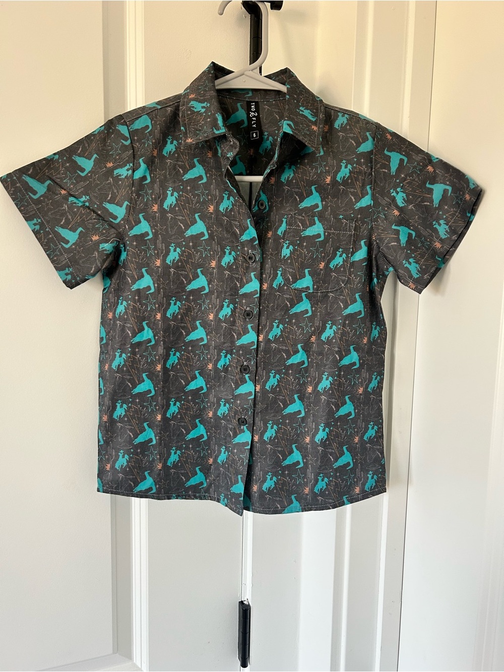 Kids western Short-Sleeve Button Shirt in Teal Print